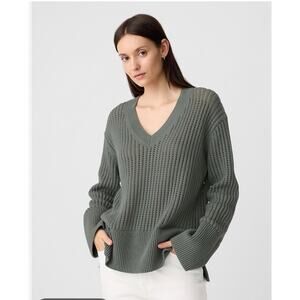Gap Relaxed Crochet V Neck Sweater Open Knit 100% Cotton Green Womens Medium
